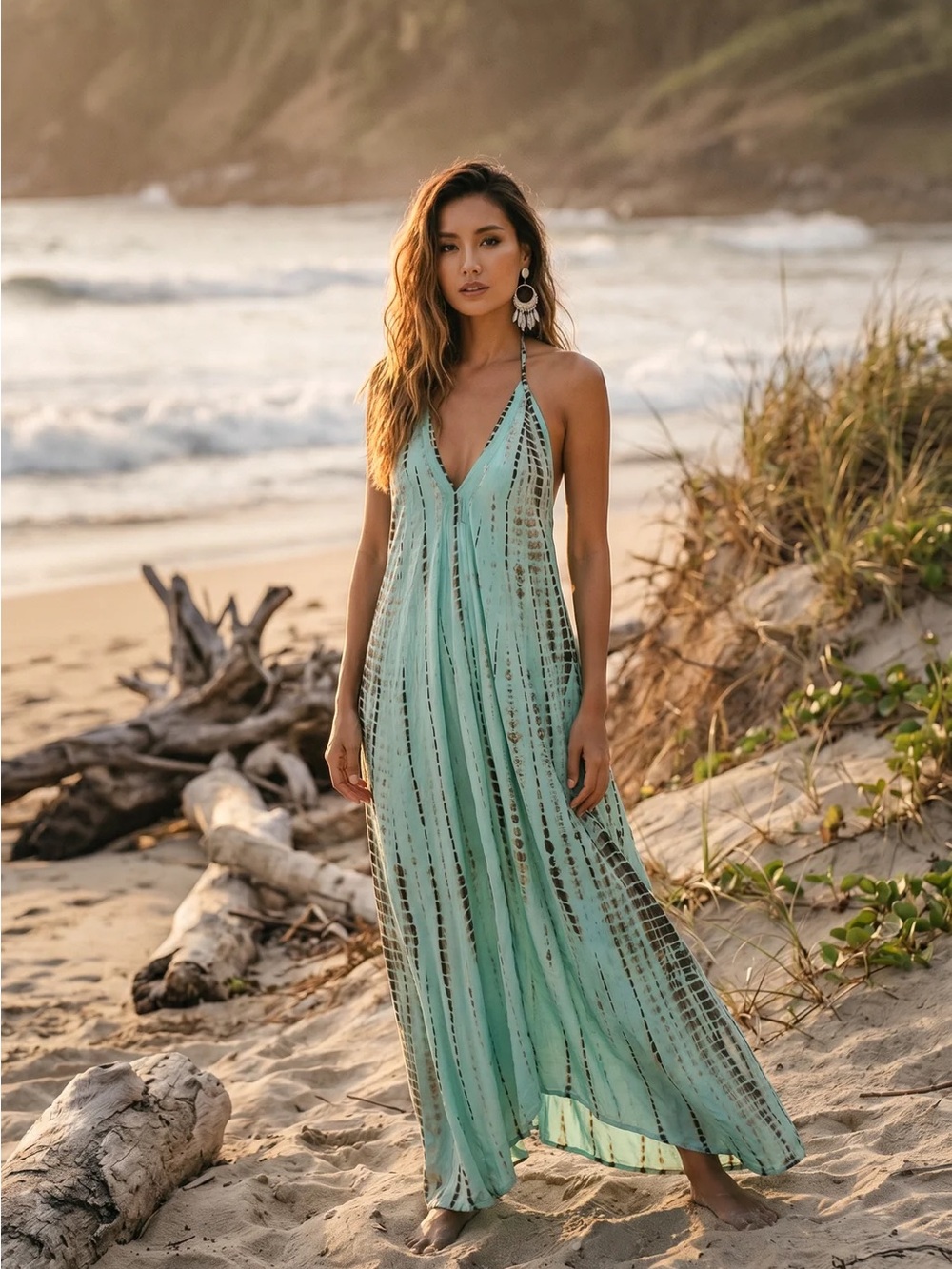 Thaluta- Mint Green Tie-Dye Halter Maxi Dress